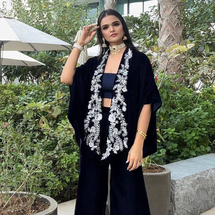 Picture of Aastha adorns our navy blue embellished wrap