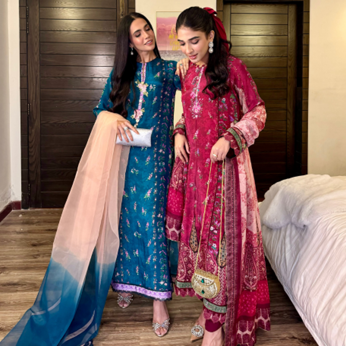 Picture of Sameen zahra in Teal Garden and Farah Batool in Vinyard outfits